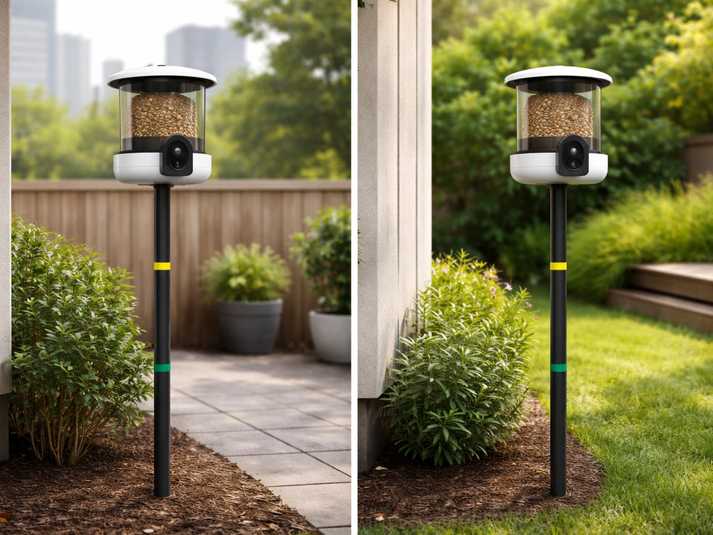 Two outdoor smart bird feeder setups in different yards, each mounted with clear distance markers on a post.