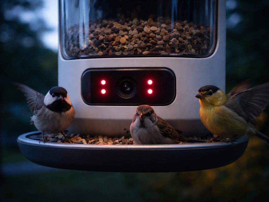 Close-up view of a smart bird feeder’s camera indicator with IR lights glowing as birds approach at dusk