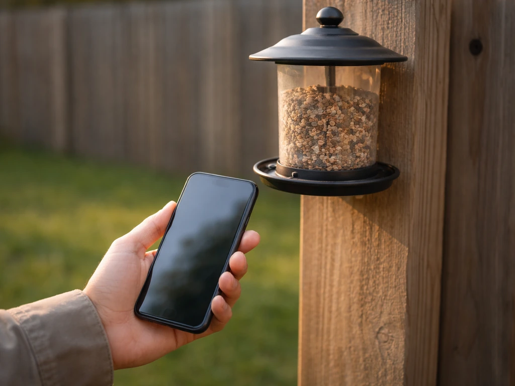 Person holding a phone near an outdoor bird feeder checking Wi‑Fi signal at mounting height