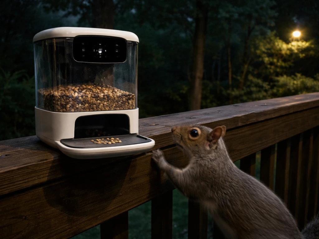 A gray squirrel approaches a backyard smart bird feeder in a trail-cam style photo at night.