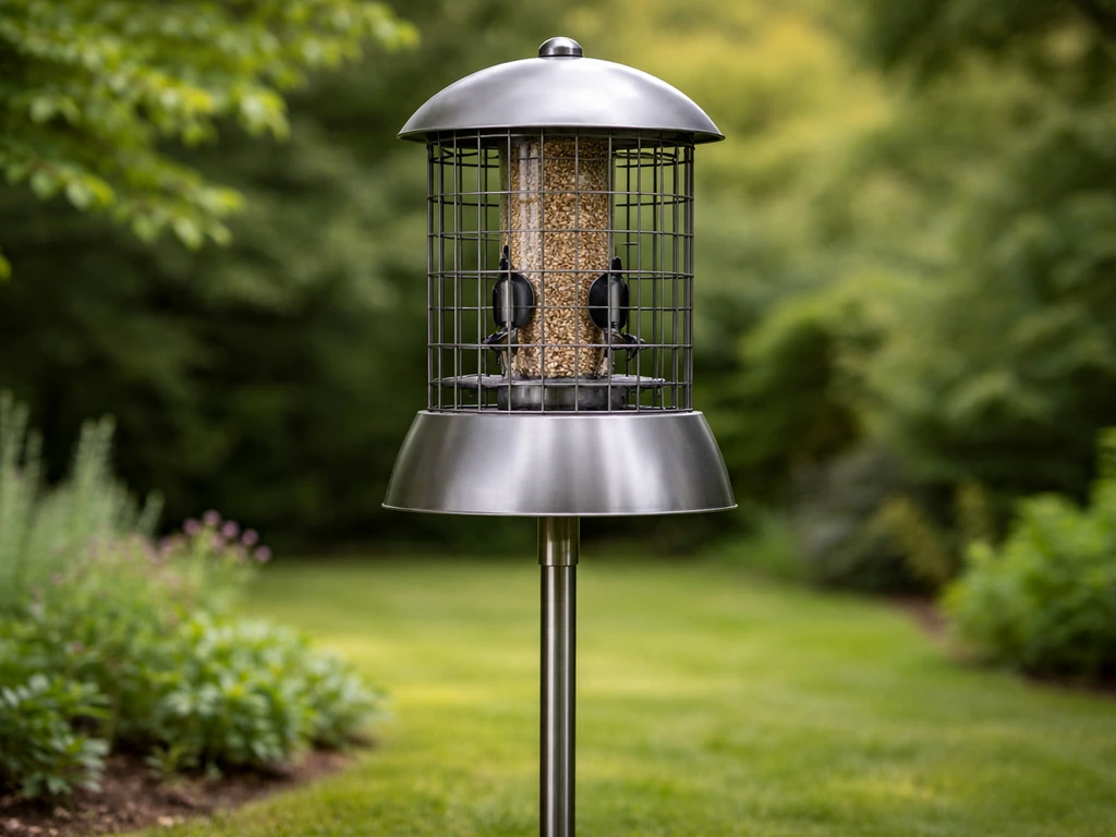 Rat-resistant bird feeder with baffle on a smooth pole in a lush UK garden, above ground