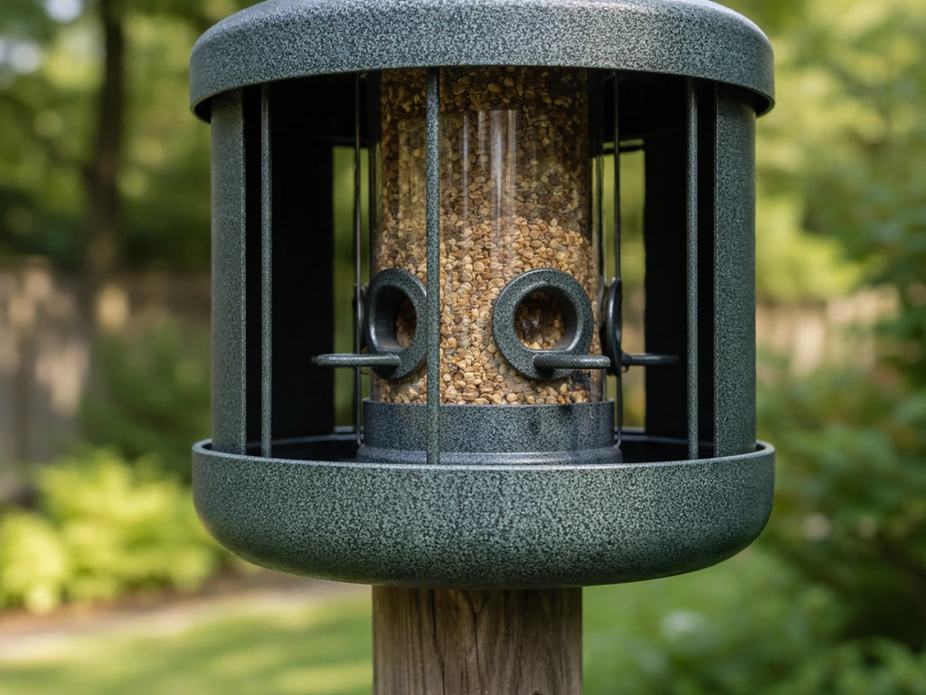 Close-up of an enclosed weight-activated tube feeder with small bird ports and a spring-loaded rodent guard