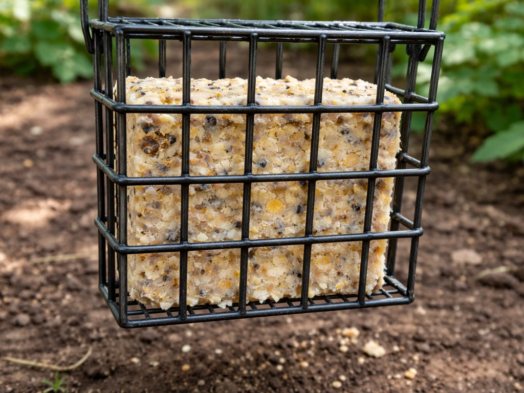 Close-up of a metal suet cage feeder holding a suet cake with minimal spill in a garden.