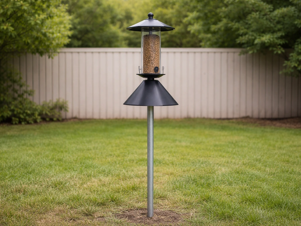 Bird feeder mounted on a tall smooth metal pole with a protective baffle outdoors, no pests visible.