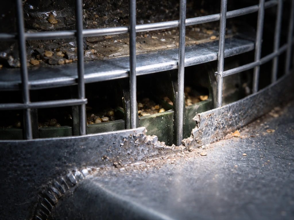 Close-up of a rodent feeder shroud gap with nearby metal gnawing marks indicating rat entry points.