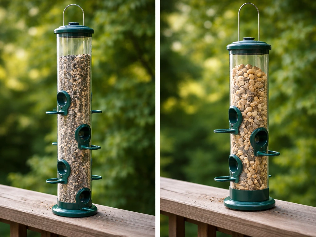Side-by-side two tube bird feeders showing different port counts, perches, and seed fit.