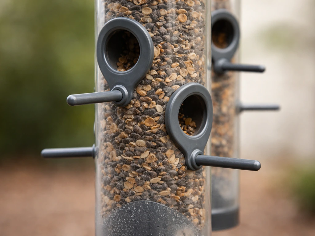 Macro close-up of a tube bird feeder showing multiple port openings and perch lengths.
