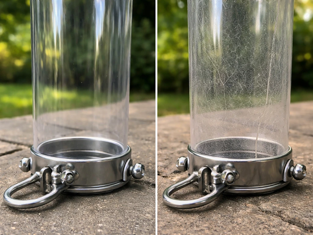 Close-up comparison of UV-stabilized clear feeder tube versus cracked aged plastic, with metal hardware and seams.