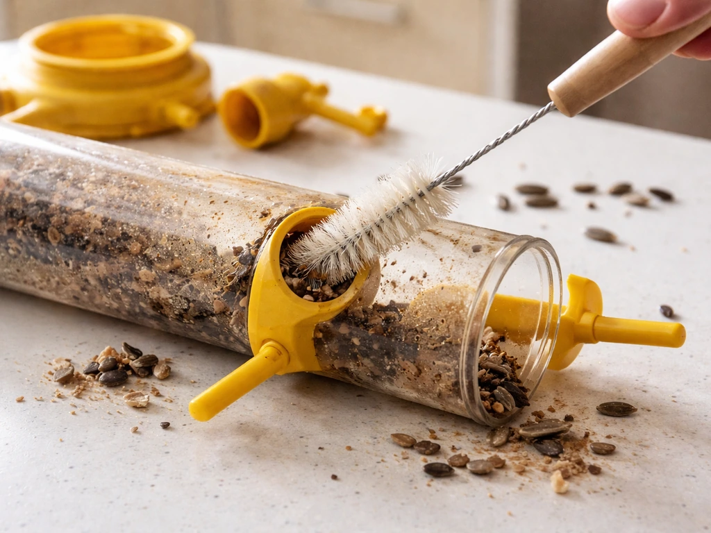 Disassembled tube feeder on a countertop with a small bottle brush cleaning the tube interior and ports.