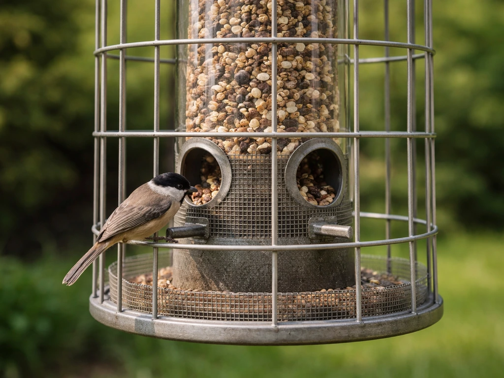 Close-up of a guarded tube bird feeder with small ports while a small songbird feeds.