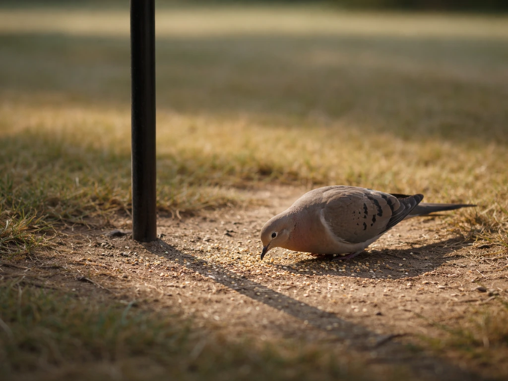 Mourning dove pecking spilled seed on the ground near a backyard feeder base.