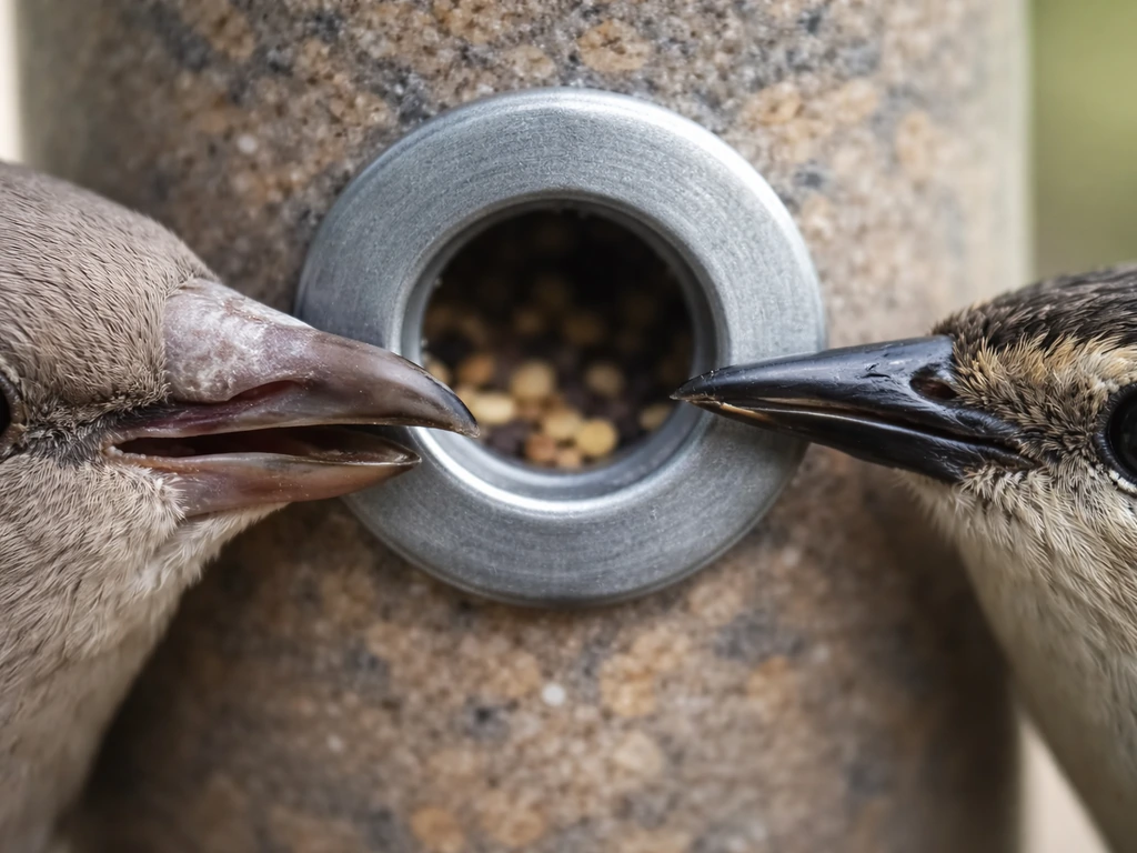 Close-up of a dove beak and a small songbird beak at a feeder port, showing wider vs narrower throat opening
