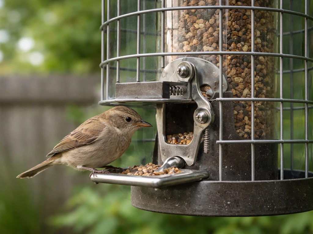 Close-up of a spring-loaded bird feeder where a perched bird triggers a cage sleeve to close.