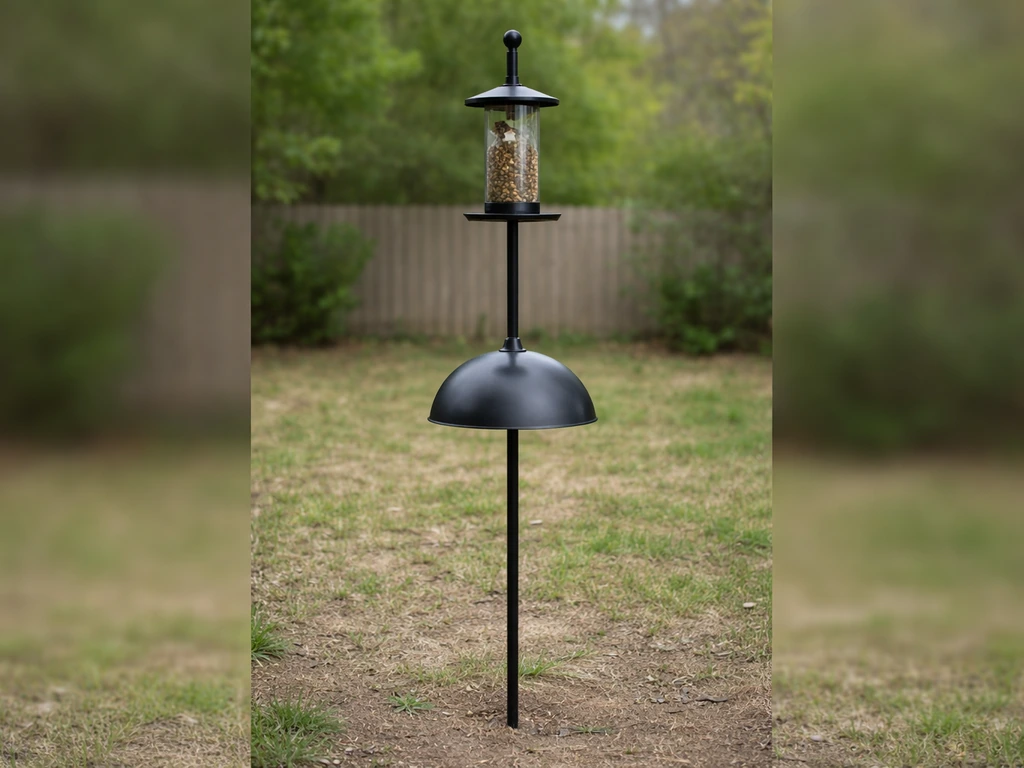 Dove-proof bird feeder on a pole at 5–6 feet with a dome/torpedo baffle below it.