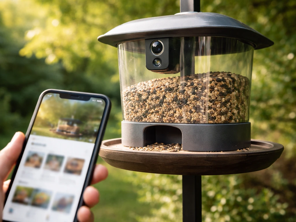 Close-up of a smart digital bird feeder with an integrated camera and a phone overlay indicating smart viewing.