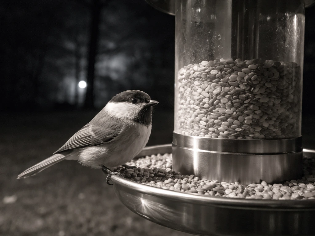 Nighttime close-up of a bird perched on a feeder under infrared-like night-vision illumination.