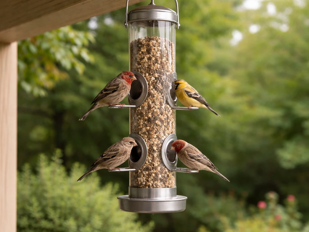 Small finches feeding from a smart tube feeder with multiple ports and perches in a quiet yard