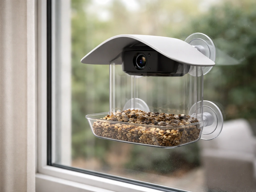 Tight inside view of a suction-cup window smart feeder with an outward-facing camera angle.