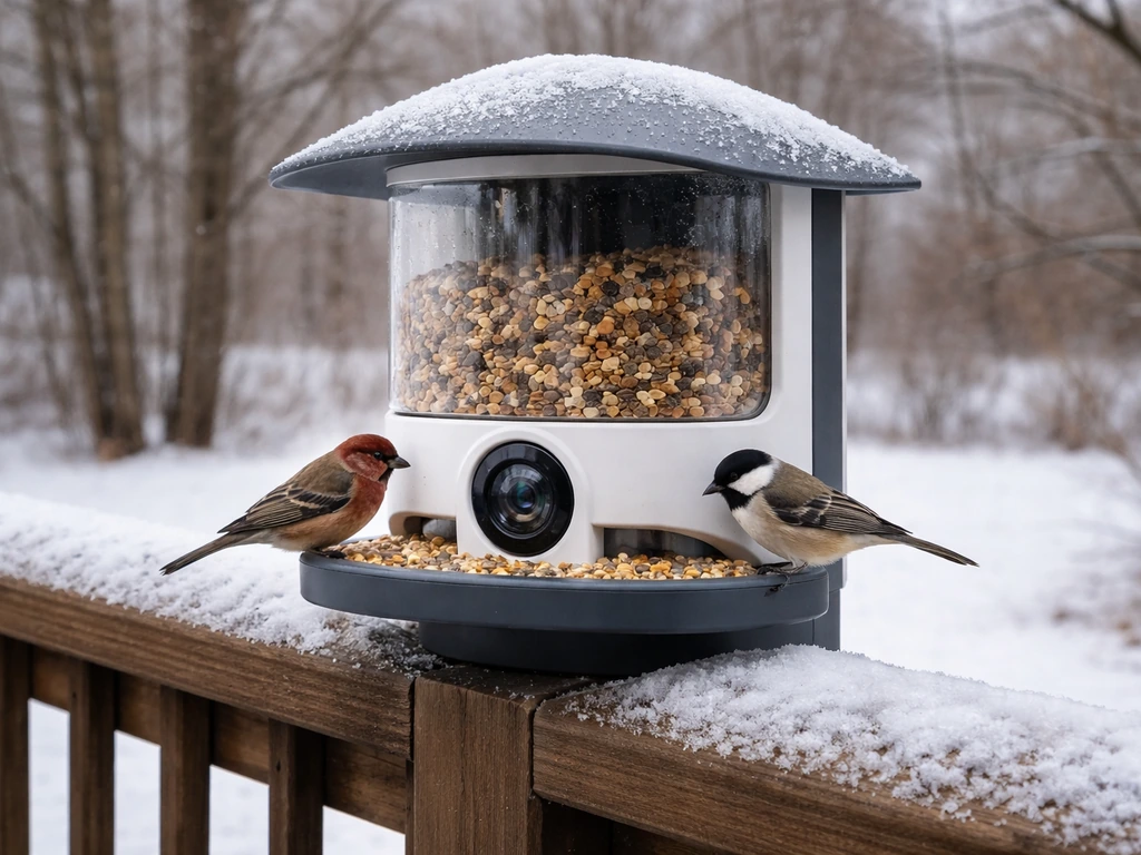 Smart bird feeder outside in light snow, lens stays clear as small birds feed on a cold winter day.