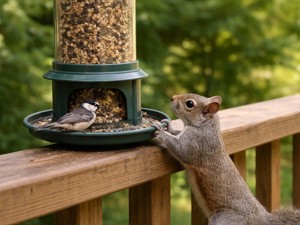 Squirrel tries to reach a bird feeder’s closed seed port while a bird feeds from the open tray.