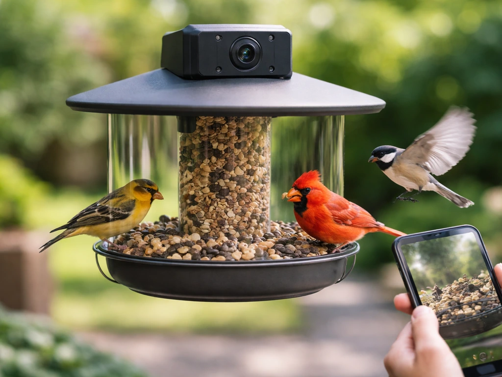 Smart bird feeder with camera module as birds feed, with a hand holding a phone nearby showing live view