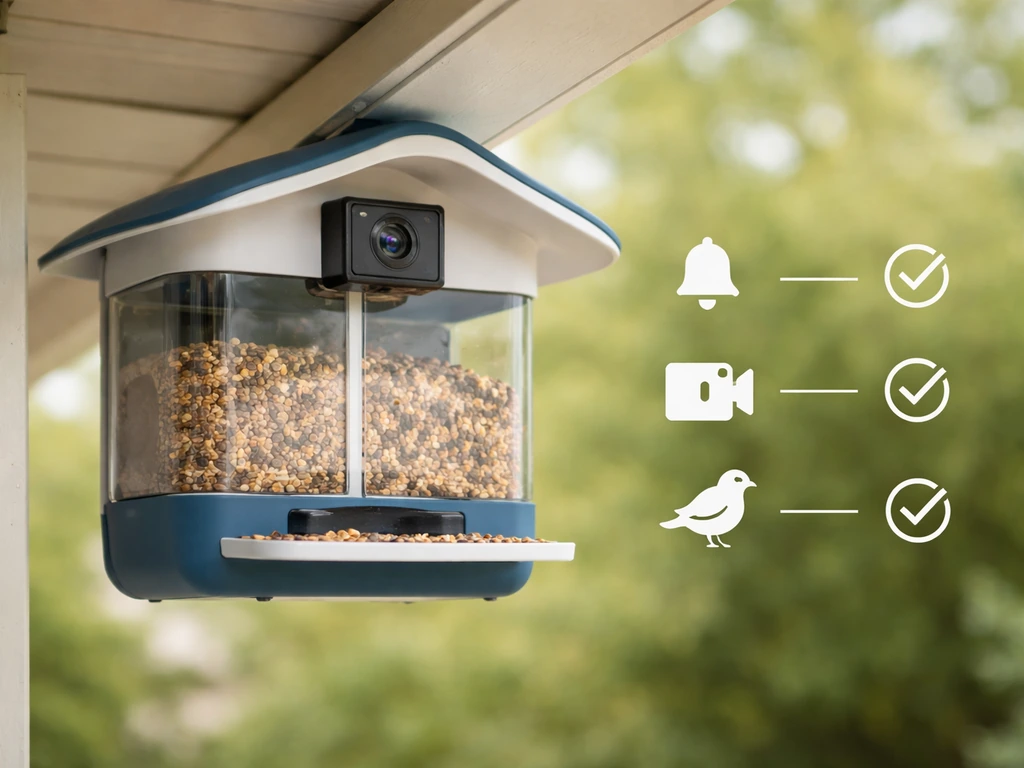 Close-up of a smart bird feeder camera on a porch, with a simple checklist-style light overlay
