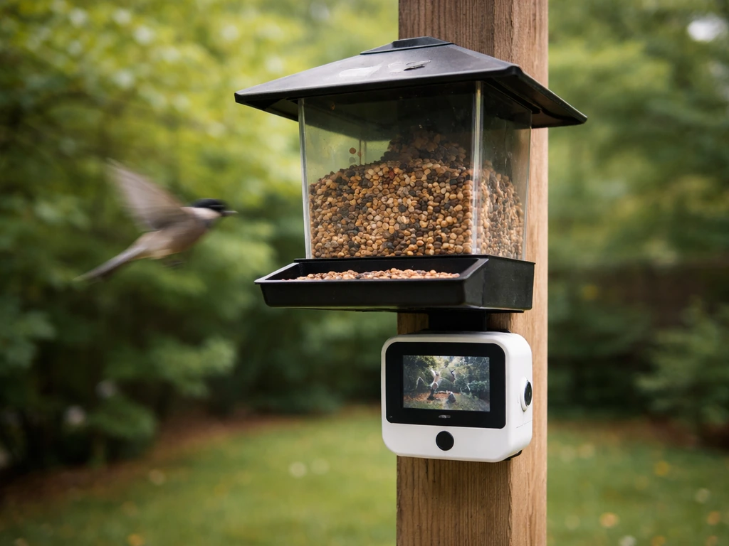 A Bird feeder camera setup shows a brief motion clip playback, then a quiet cooldown moment.