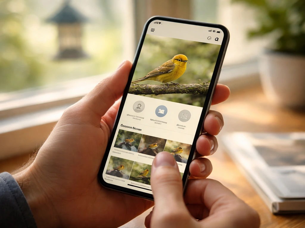 Hand holding a smartphone showing a generic bird app interface with notifications and quick clip thumbnails.