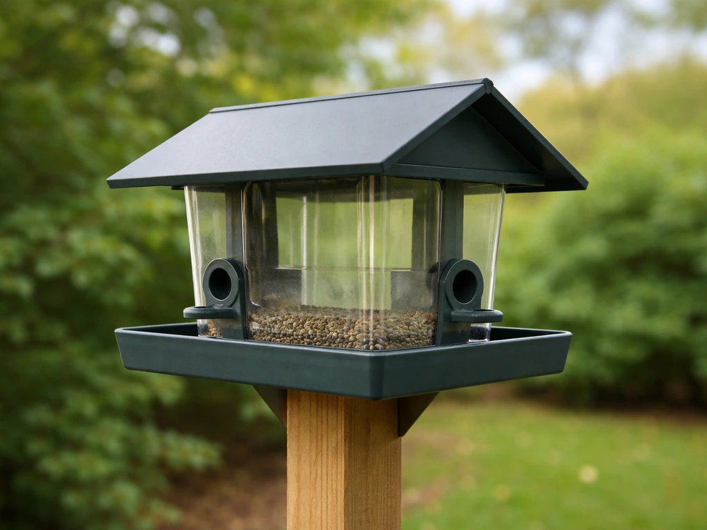 Close-up of a hopper bird feeder with roof, tray, and feeding ports in a backyard.