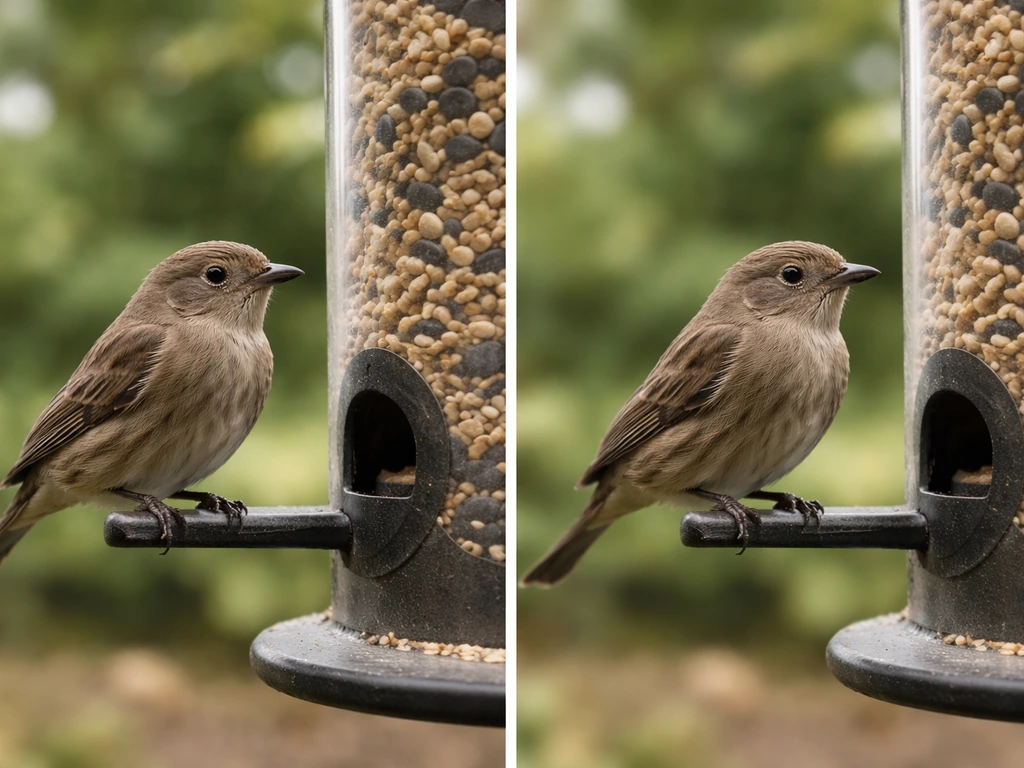 Two close-up views of a small bird at a feeder showing sharp feather detail vs blur at lower resolution