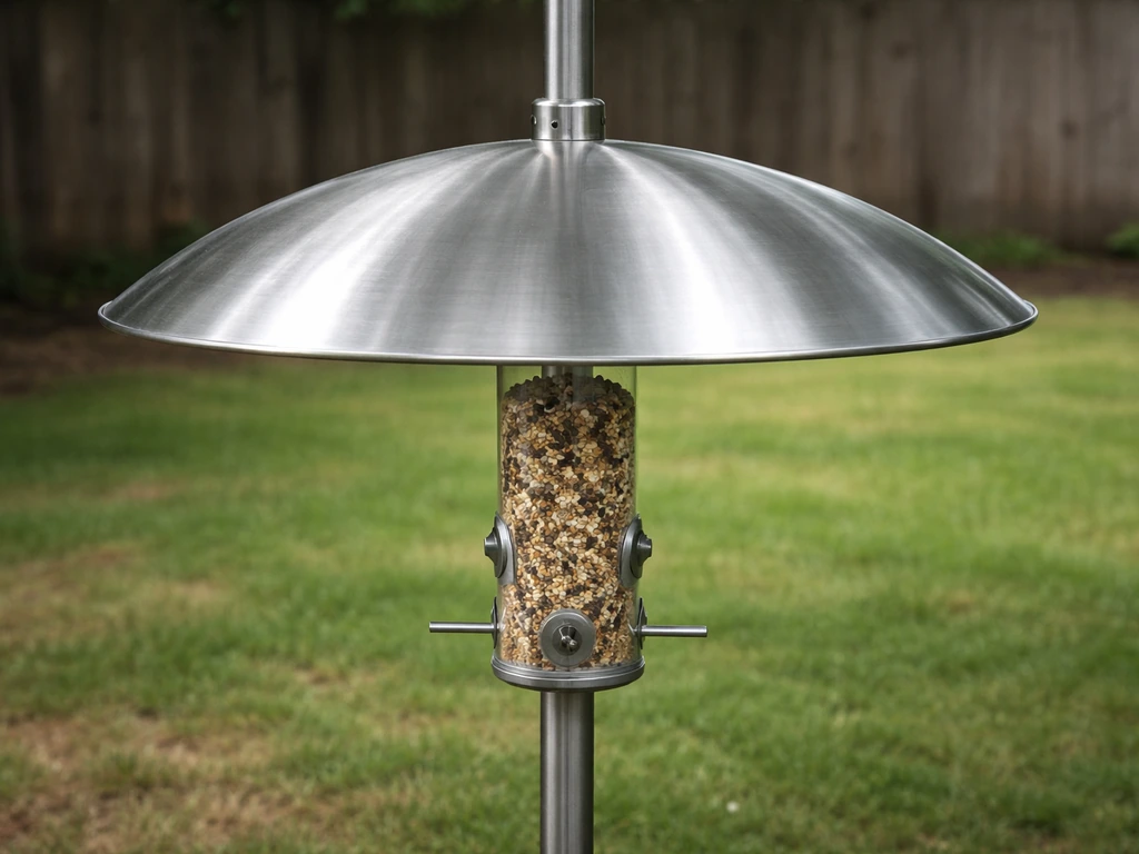 Close view of a bird feeder on a metal pole with a large dome baffle blocking squirrel and rat access