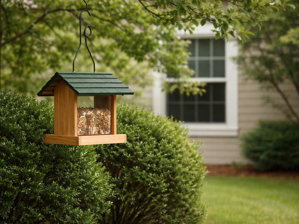 Bird feeder near shrub cover with a window kept at safe distance to reduce collision risk.