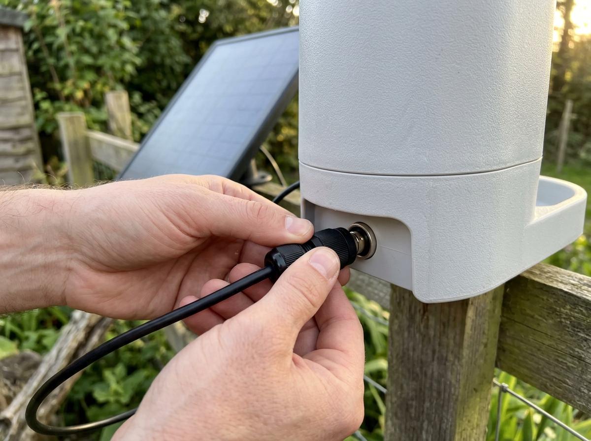 Technician checking solar panel cable connection to fix charging issues