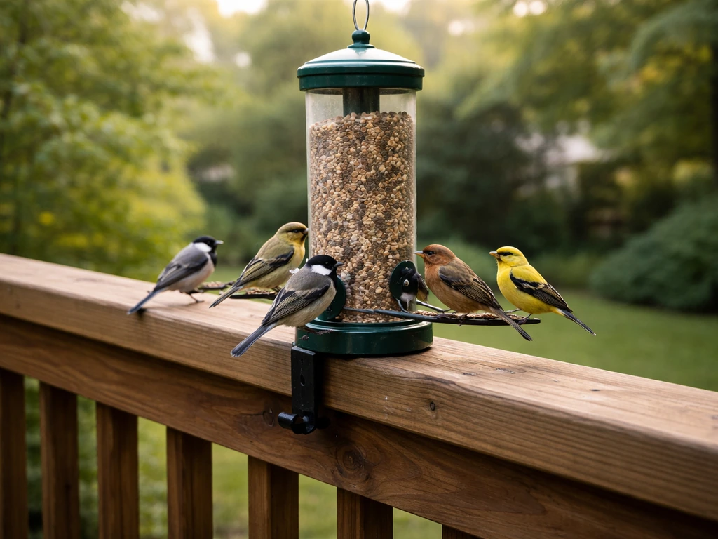 Deck railing with a bird feeder and small birds perched, feeding in natural morning light.