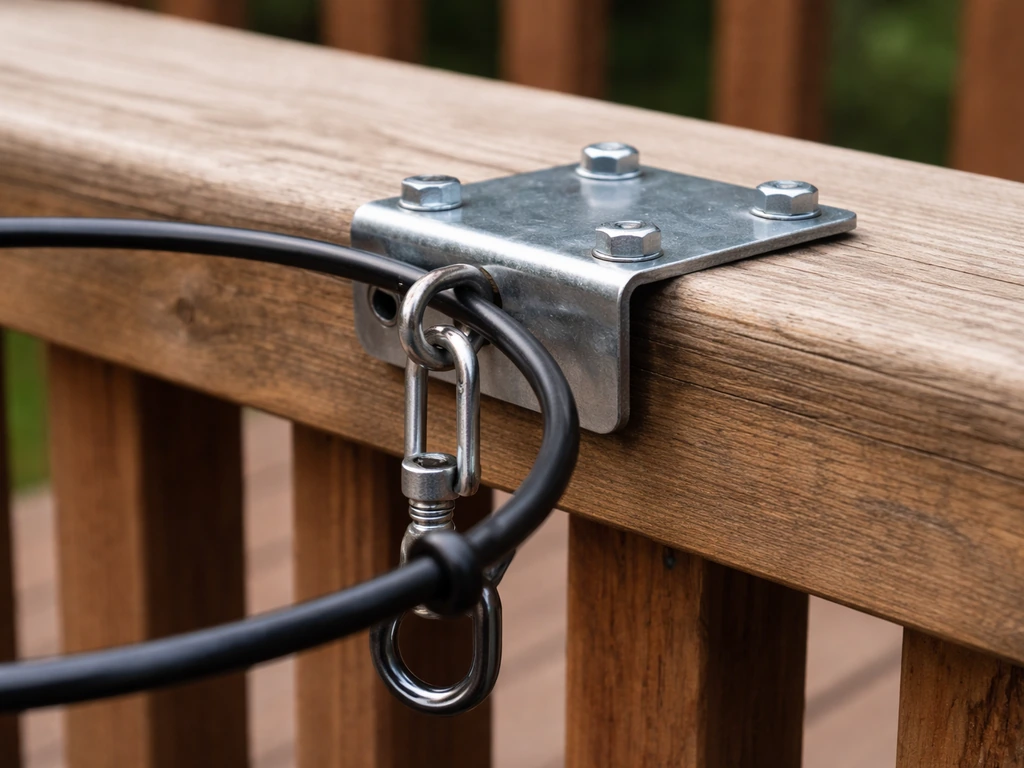 Close-up of a metal deck-rail clamp and bracket securing a bird feeder to a wooden railing.