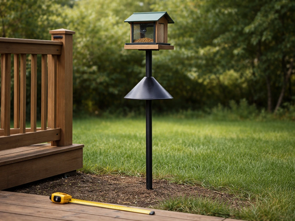 Backyard deck with bird feeder at proper height and a metal baffle on the supporting post, tape nearby for clearance.