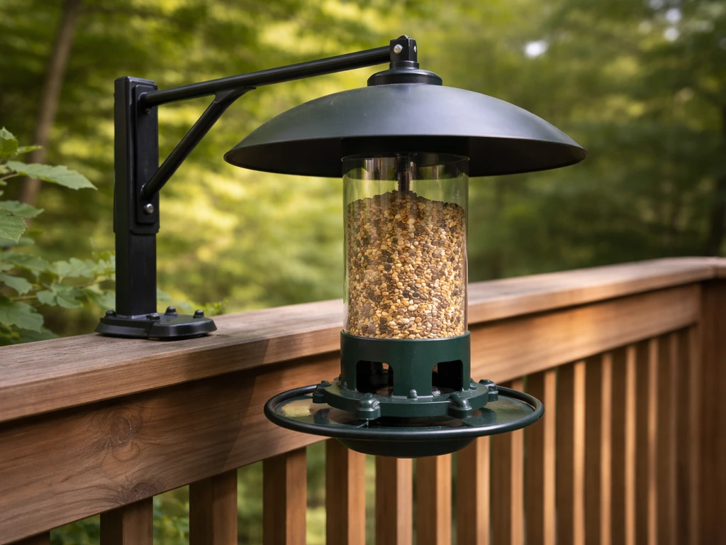Weight-activated bird feeder on a deck with a visible squirrel baffle to prevent access.