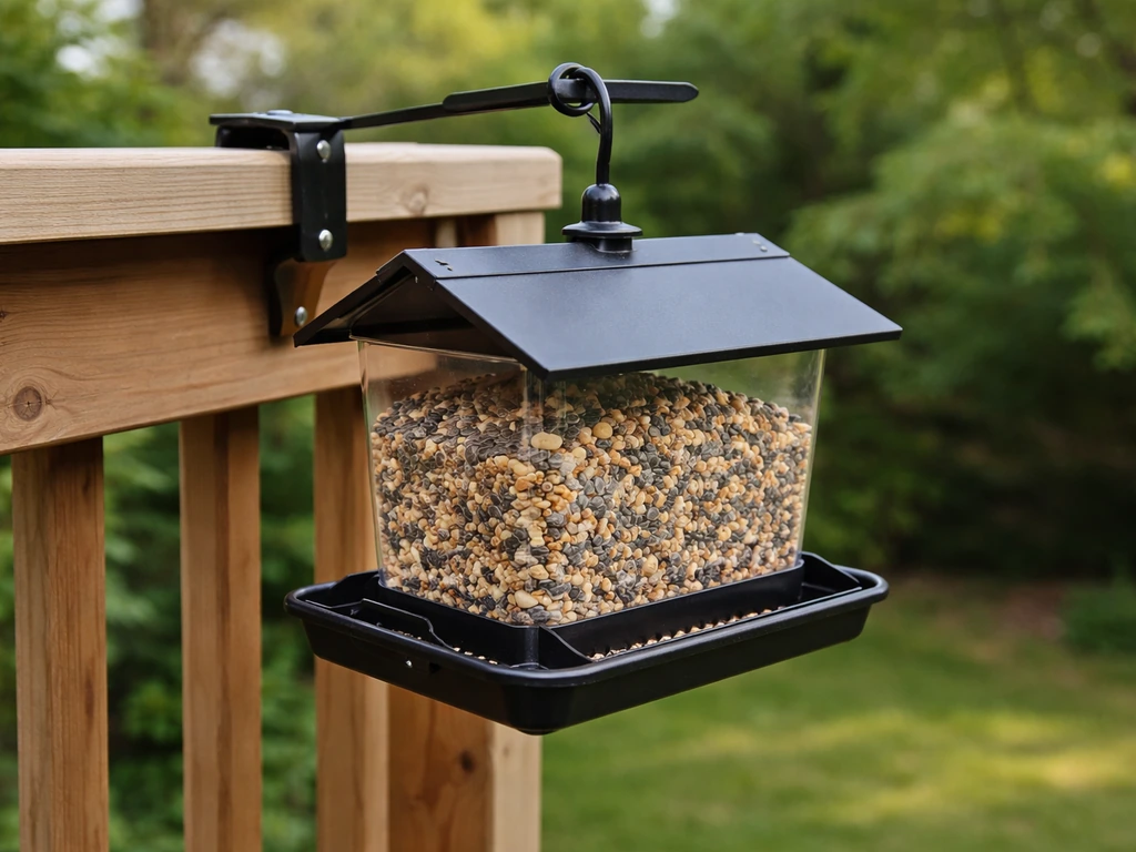 Close-up of a hanging hopper bird feeder with visible seeds in the reservoir on a deck-rail clamp mount.