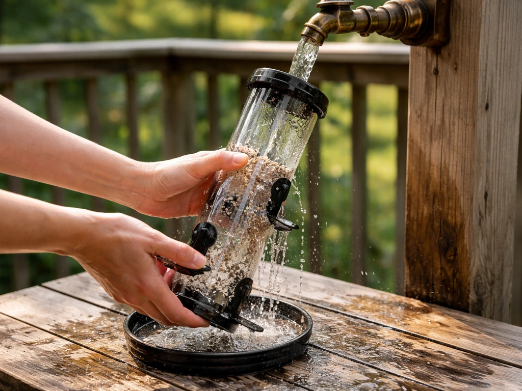 A seed feeder being emptied and rinsed on a deck work surface with water splashing.