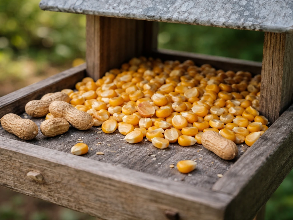 Whole dried corn and peanuts scattered near a simple bird feeder in natural daylight