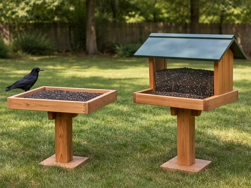 Side-by-side outdoor view of a platform and a hopper bird feeder with a crow nearby.