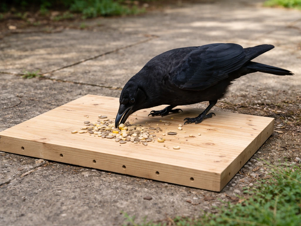 A crow feeds from a simple plywood platform with drainage holes outdoors.
