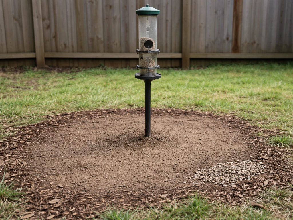 A partially cleaned bird feeding area with scattered seed shells and a scaled-back feeder