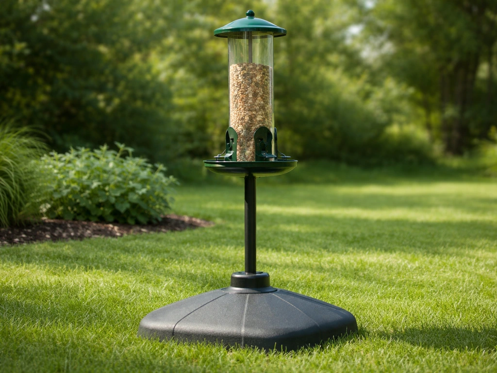 Free-standing bird feeder with a wide weighted base on a quiet lawn garden, emphasizing stability.