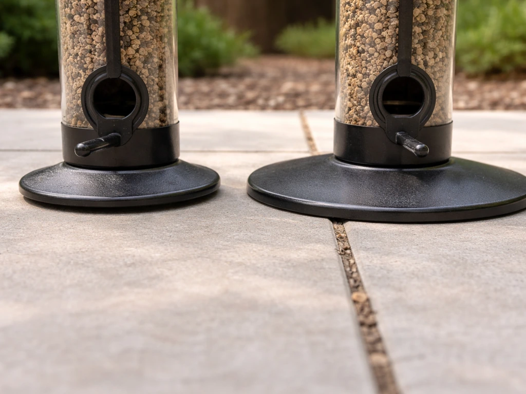Side-by-side close-up of a narrow vs wide bird feeder base footprint showing stability differences.