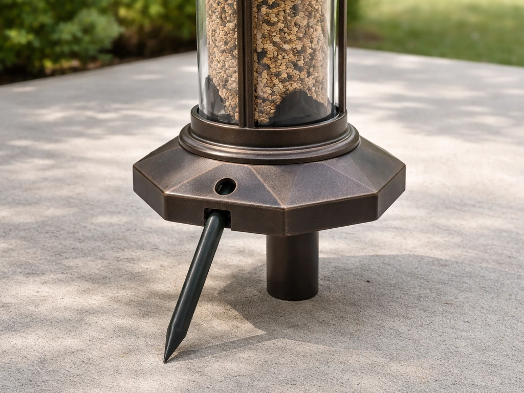 Outdoor bird feeder with visible base stake port and mounting hole, shown on simple patio surface.