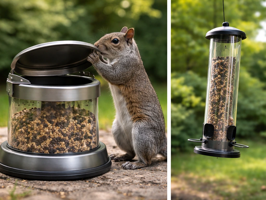 Squirrel at a weighted-base feeder with lid opening, plus a small wind-blown view of a tall feeder tipping.
