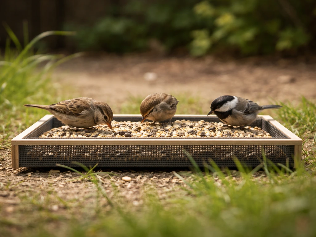 Platform feeder on the ground in a windy yard with small wild birds safely feeding.