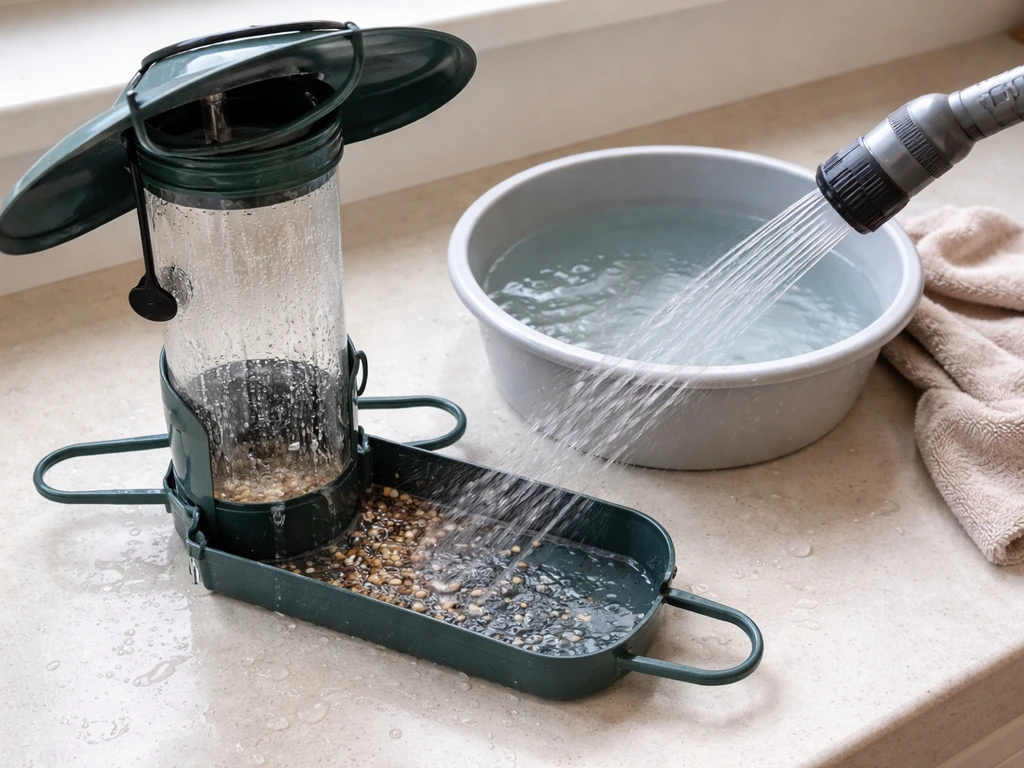 Bird feeder opened with wet seed tray, rinsing setup and clean, maintenance-focused scene