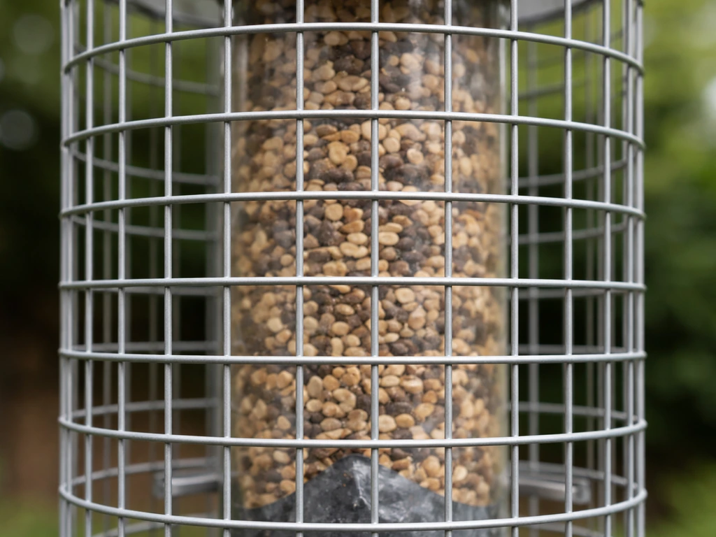 Close-up of a tube bird feeder wrapped in wire cage with square openings sized to block larger birds.